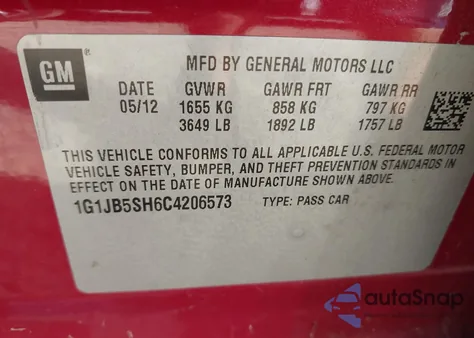 2012 Chevrolet Sonic 1Ls from USA, damaged, VIN 1G1JB5SH6C4206573